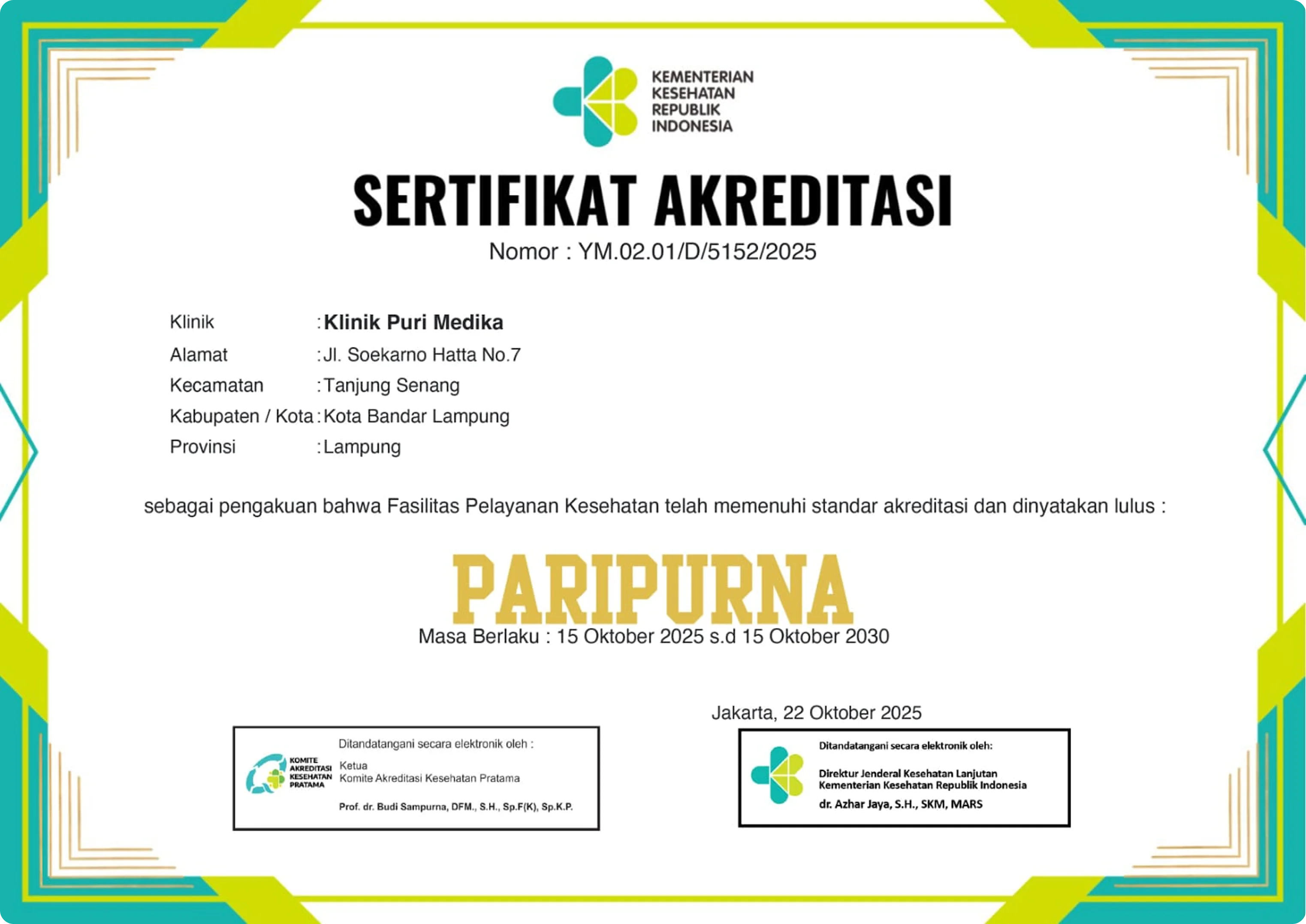 Sertifikat Akreditasi Kemenkes Klinik Puri Medika